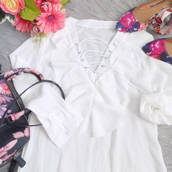 Tops - White Laced-Up Ruffle Top Size S & M